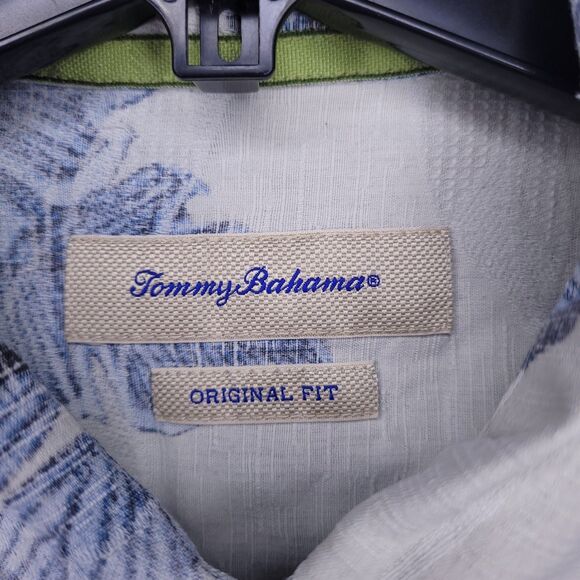 Tommy Bahama Silk Hawaiian Shirt Mens Large Floral Blue, White Original Fit Camp - Picture 9 of 12